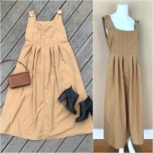 Vintage Tan Overall Midi Dress | Sleeveless A-line Pinafore Maxi Dress